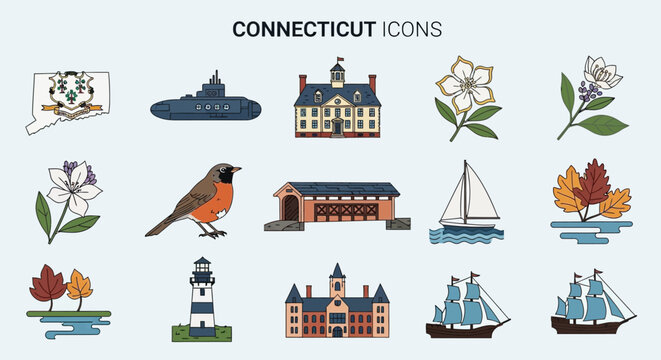 Vector icons highlighting unique landmarks, natural features, and cultural aspects of a northeastern U.S. state, ideal for travel and educational design