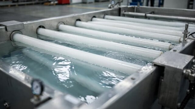 Medium shot of pipe calibration tank section with fresh pipes undergoing vacuum sizing highlighting precise shaping under controlled pressure in waterfilled tanks.