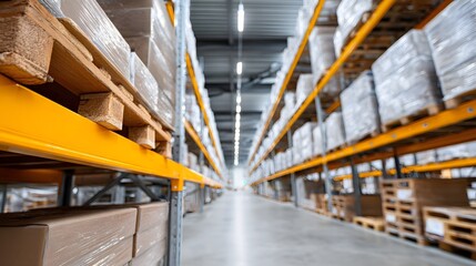 Fototapeta premium View of a warehouse aisle featuring tall shelving with stacked boxes