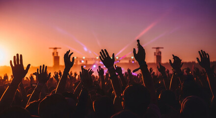 Fototapeta premium Massive Festival Crowd Silhouettes at Sunset with Raised Hands in Collective Euphoric Energy