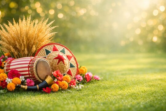 Bihu festival background with traditional dhol drum, pepa horn, japi hat, and wheat on green grass. Sunlit outdoor setting with vibrant flowers and beautiful bokeh lights. Perfect for celebration.