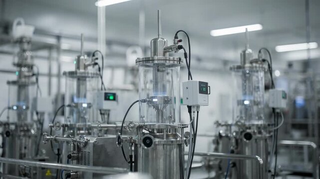 Medium shot of smart reactors logging cloudbased chemical batch information highlighting seamless remote monitoring and process optimization in industrial production.
