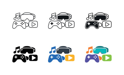 Obraz premium Stylized Media Icons. Digital entertainment icon depicting a stylized game controller, VR headset, music note, and play button