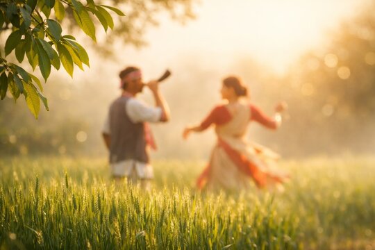 Assamese couple celebrating Bihu festival in a wheat field. Blurred figures of a man playing the pepa horn and a woman dancing in traditional attire at sunset. Beautiful golden light and nature.