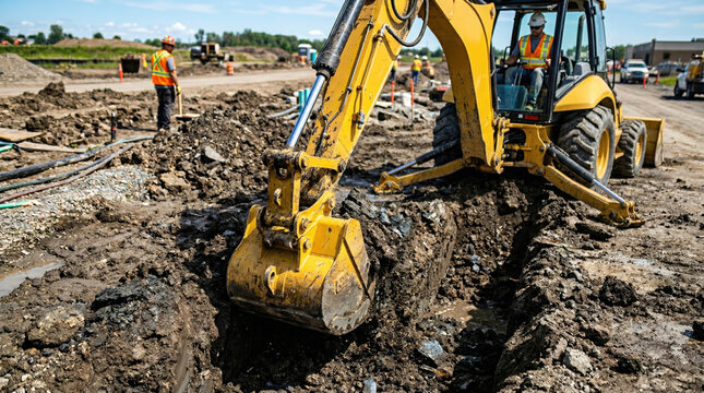 Yellow backhoe loader digging a deep trench in muddy soil. Heavy equipment excavator working at an outdoor construction site. Earthmoving machinery and workers during infrastructure development