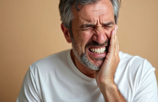 Mature man grimaces in agony holding his jaw due to severe toothache. He needs urgent dental care for his pain. Close-up face portrait shows discomfort and suffering.