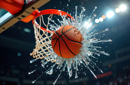 Basketball breaks glass backboard during intense arena game. Ball shatters rim, fragments fly, showing power and dramatic competition in sports.