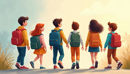 Fototapeta premium Group of diverse kids walk to school carrying backpacks. Children with bags ready for learning and fun. Friends going together on bright sunny day.
