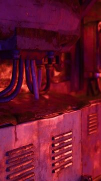 Rows of old lockers are shown with a metal surface. The setting is poorly lit with bright colors illuminating the scene. Pipes run along the top, adding to the industrial feel.