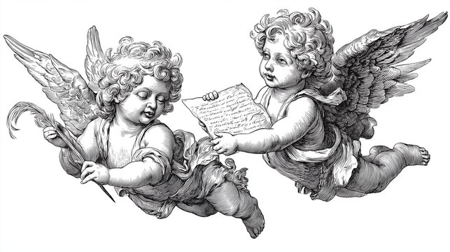 Vintage style illustration of two flying angels holding musical notes and script in classical engraving technique ideal for religious themes and historical design