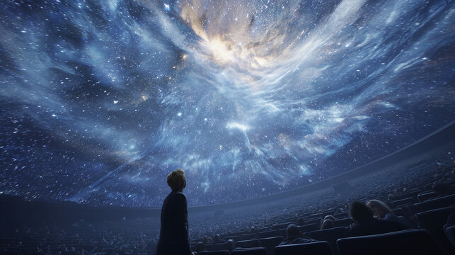 Person watching immersive cosmic projection in large theater with stars and galaxy forming surreal space environment ideal for science fiction and exploration themes