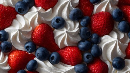 Obraz premium Extreme macro of fresh strawberries and blueberries with whipped cream swirls