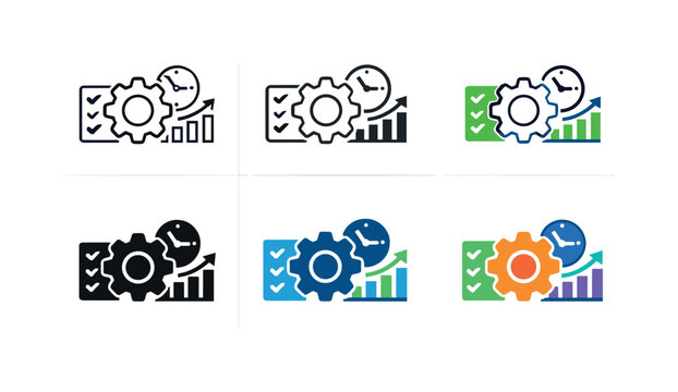 Process improvement icon combining a cogwheel, checklist, clock, and statistical chart, representing streamlined workflows and