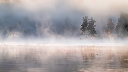 Fototapeta premium A tranquil lake scene with mist rising from the water on a foggy morning, surrounded by trees and a serene atmosphere.