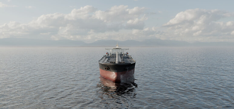 Oil tanker head-on view at sea during global supply crisis, rising oil prices and geopolitical tension concept