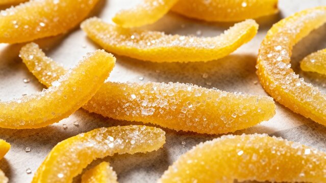 Bright and vibrant candied citrus peels glistening with sugar on a light background in a warm kitchen setting Generative AI
