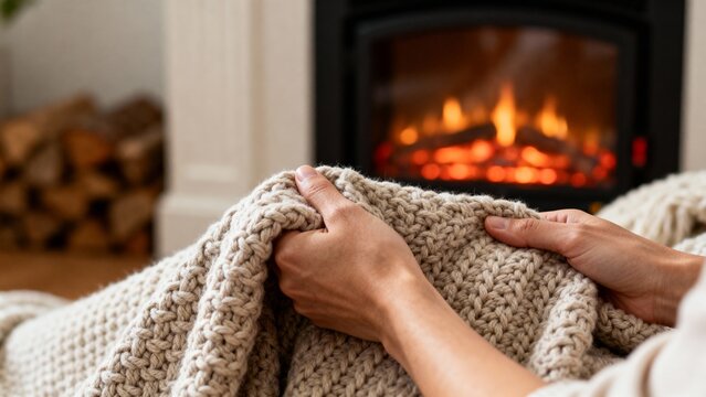 Cozy moments by the warm fire with a soft knitted blanket on a chilly evening Generative AI
