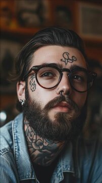A bearded man with multiple tattoos wearing sunglasses and a fashion-forward outfit