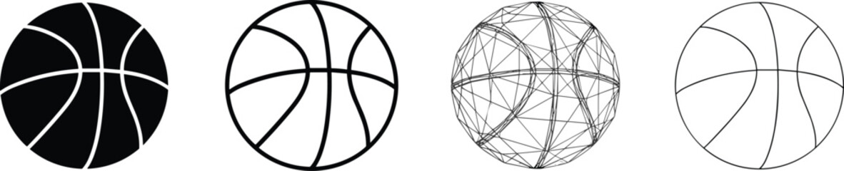 Black silhouette basketball icons with diverse styles including solid, outline, wireframe, minimalist illustration design concept © Hello There