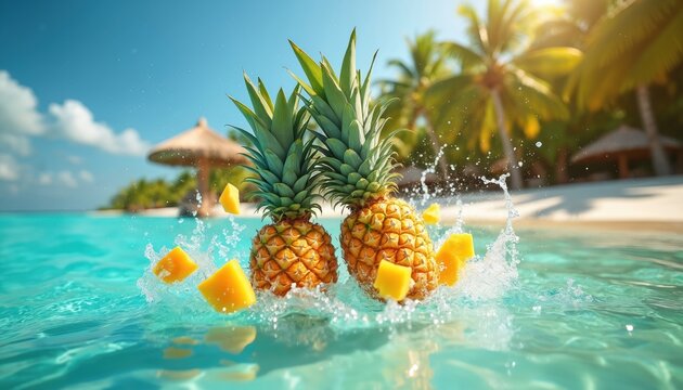 Two pineapples with mango chunks splash in clear tropical ocean water. Palm trees and beach huts are in background under bright sunny sky. Refreshing summer paradise scene.