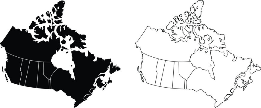 Canada map vector illustration, black silhouette and outline version, provinces boundaries, geographic design, isolated on white background for infographic use