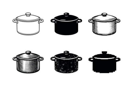 Six Pot Variations. Metal cooking pot with two side handles and fitted lid, used for boiling soups, pasta, and stews on stove |