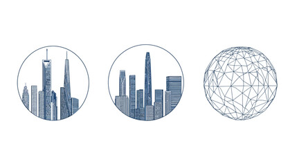 Fototapeta premium Three circular illustrations depict cityscapes and a geometric sphere. Rendered in shades of blue