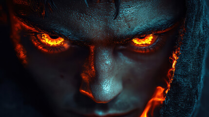 Fototapeta premium A mysterious figure with fiery orange eyes intensely sta forward, engulfed in shadows, suggesting a supernatural or demonic presence with intense power and wrath.