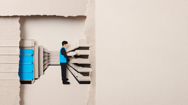 Stock worker arranging items on shelves in a minimal store setting  
