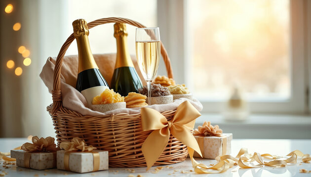 Wicker basket holds champagne bottles and gourmet treats. A flute of bubbly stands ready. Small gift boxes with golden ribbon and bows surround the celebratory hamper.