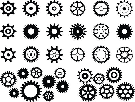 Collection of gear icons vector set, mechanical cogwheel silhouettes isolated, industrial technology symbols, engineering shapes flat design elements pack