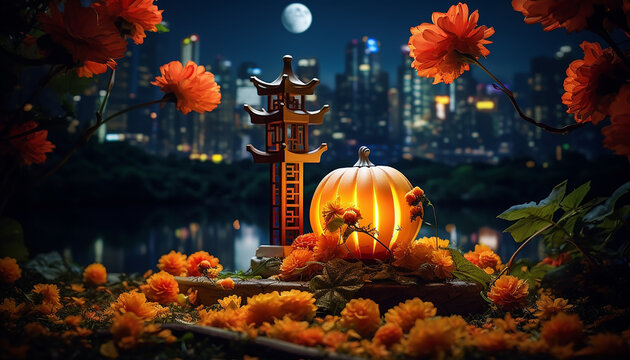 Halloween night witch flying on broom over autumn pumpkin harvest scene
