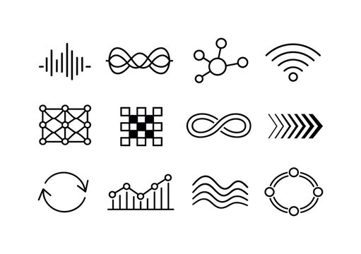 Line style vector icons of cloud computing application services: wave bar, resonance band, feedback node, signal arc, modulation