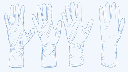 Fototapeta premium Four stylized blue line illustrations of disposable medical gloves on a pale blue background