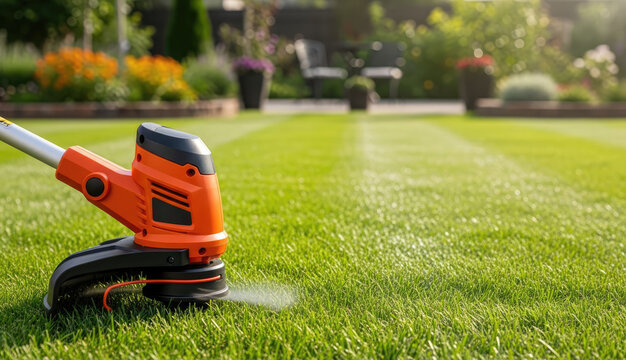 Cordless grass trimmer on a freshly cut, striped lawn in a sunny backyard. Gardening, outdoor maintenance and summer home landscaping.