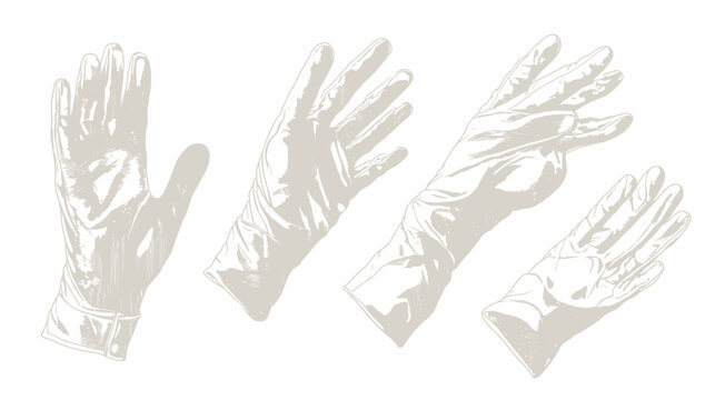 Illustration of four hands wearing protective gloves in a neutral color on a white background