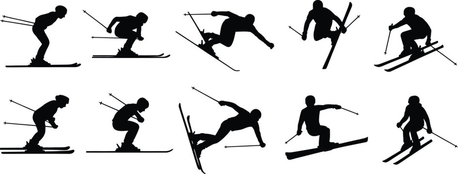 Skiing silhouette vector set, skier performing downhill and freestyle jumps, winter sport activity design isolated on white background collection
