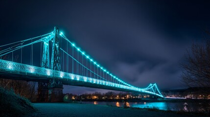 Fototapeta premium Illuminated Suspension Bridge: A Dramatic Nightscape Featuring a Long-Spanning Bridge Lit with Brilliant Turquoise Lights, Reflected in the Dark Water Below