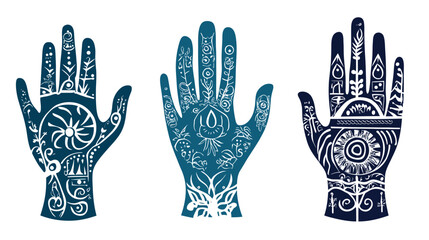 Fototapeta premium Three stylized, intricate open hands with detailed, symbolic designs, in teal and navy blue hues, white outline