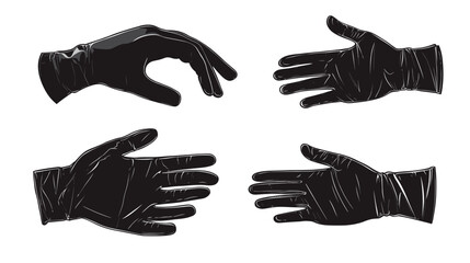 Obraz premium Four black gloves illustrated on a white background, in different positions. Gloves are shiny
