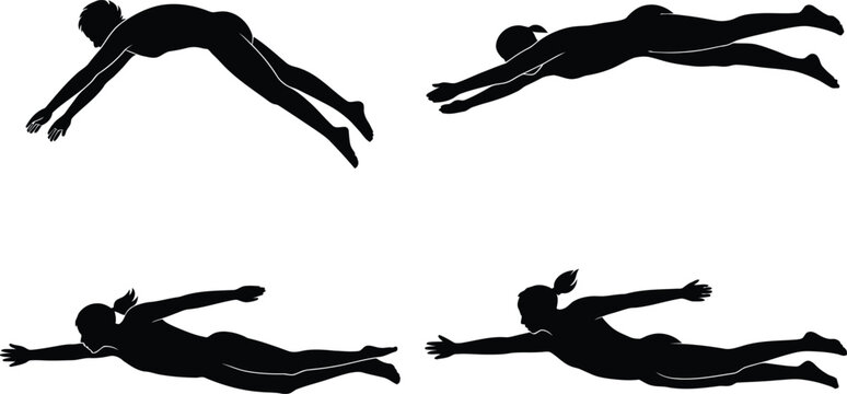 Swimming silhouette set, female swimmer strokes, diving and freestyle positions, aquatic sport illustration, black vector isolated on white background