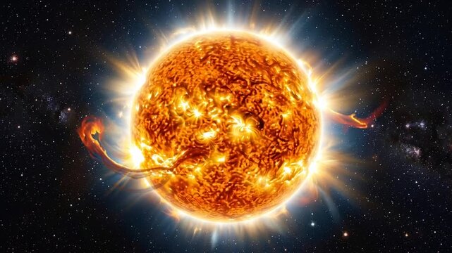 The sun emits intense solar flares in a starry outer space environment nearby.