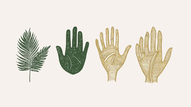 Illustration featuring a green fern and three hands in green and golden hues