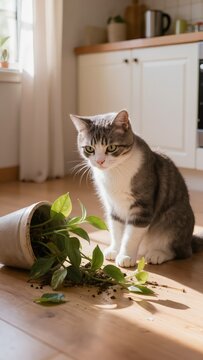 Grey tabby cat sitting next to an overturned clay pot with a green pla.