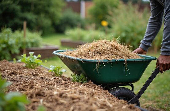 Gardener uses wheelbarrow full of dry grass for mulching vegetable beds. Mulch covers soil around young plants. Person works in organic garden.