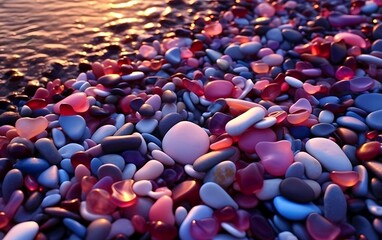 Fototapeta premium Vibrant colorful pebbles scattered on serene beach at sunset by tranquil water