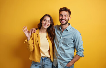 Obraz premium Young couple smiles on yellow background. Woman waves hand, man puts arm around her shoulder. Friends share happy moment, looking at camera with joyful expressions.