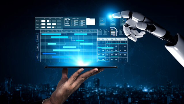 A futuristic robotic hand hovers over a digital display of project management tools, emphasizing automation and innovation in a modern cityscape. Gantry