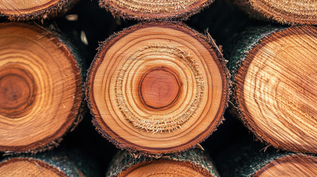 A detailed close-up shot showcases the intricate growth s and textured surface of stacked logs, creating a visually appealing pattern of natural resources.