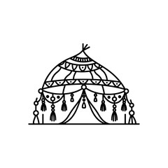 Bohemian tribal tent vector illustration, hand drawn ethnic marquee with tassels and geometric patterns, boho style glamping tent icon on white © Najmin